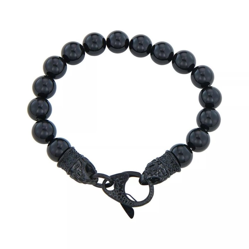 Mens Luxury Black ONYX BEAD Stainless Steel Bracelet